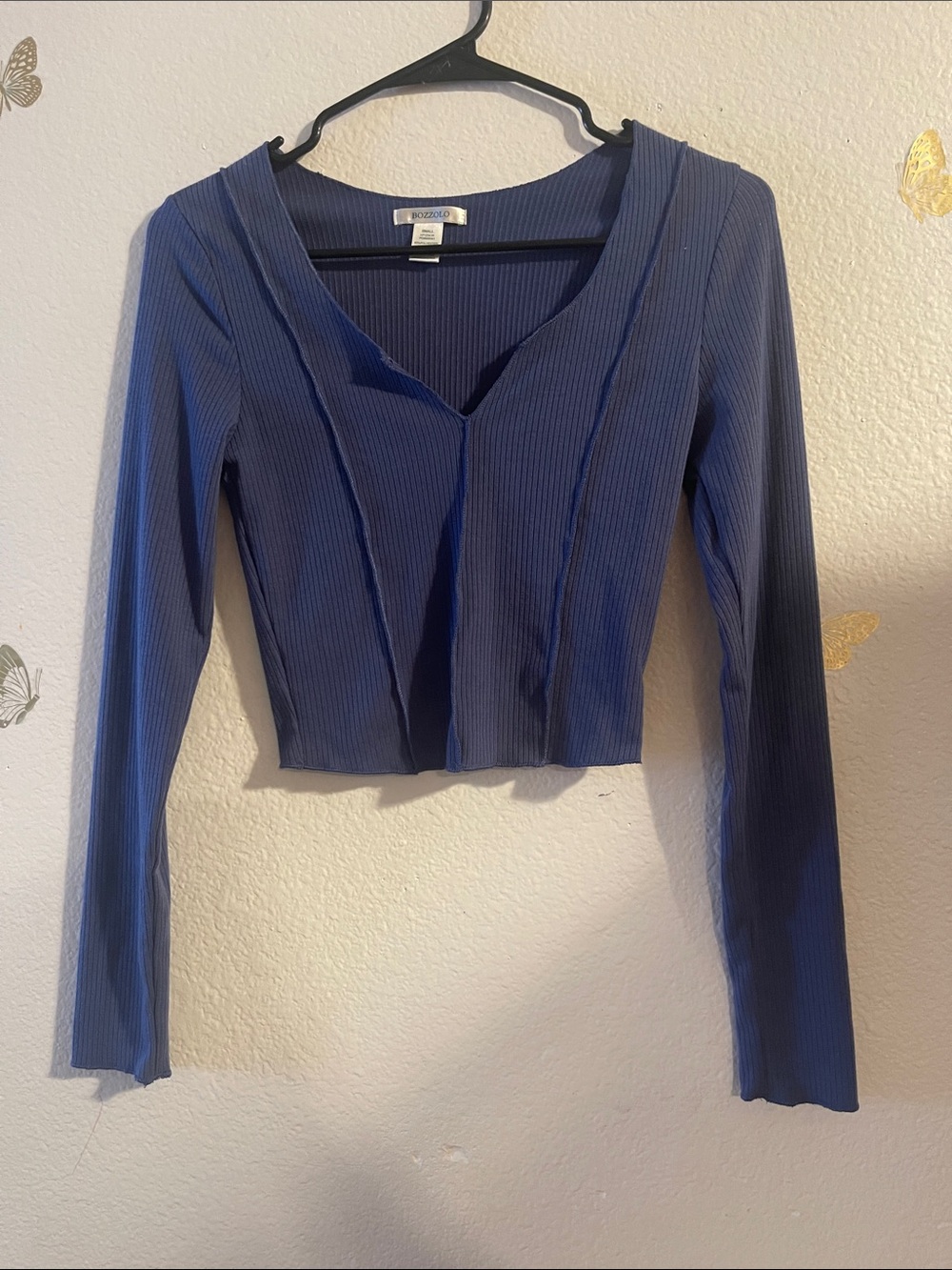 Bozzolo Navy Ribbed V-Neck Long Sleeve Crop Top